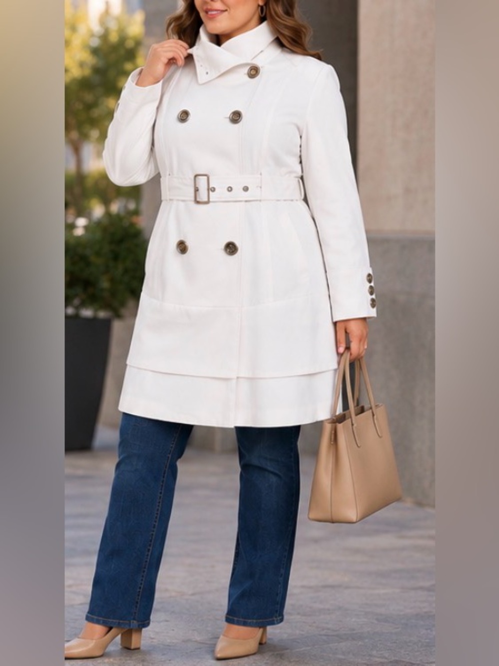 Guess light trench coat. Double-breasted, lapel collar tiered back White. NWOT L
